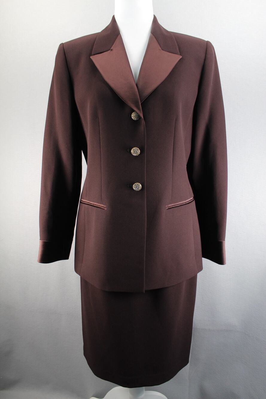 Vintage Albert Nipon Skirt Suit Women's 6 Burgundy Gold Button Power Suit